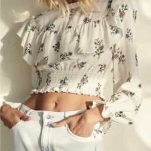 Zara White Floral Ruffle Blouse